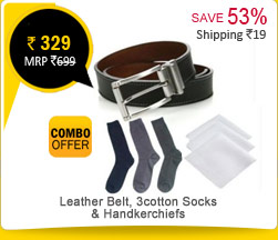 Leather Belt + Set Of 3cotton Socks+ Handkerchiefs Rs. 329