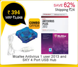 Combo of Mcafee Antivirus 1 user 2013 + SKY 4 Port USB Hub Rs. 394