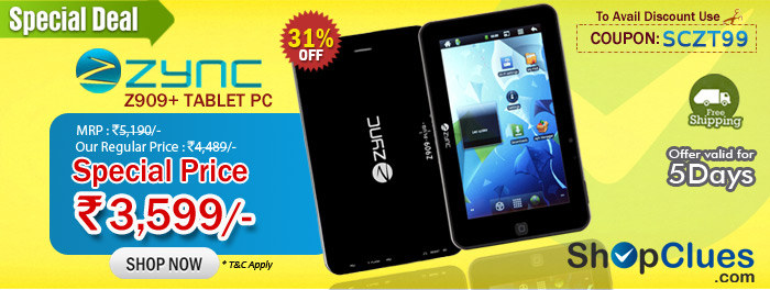 Zync Z909+ Tablet PC Just Rs 3,599/- with Free Shipping