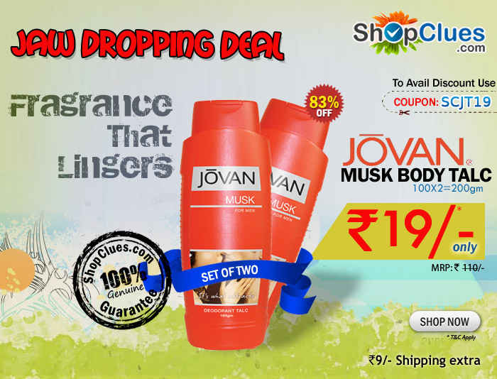 Jaw Dropping Deal on jovan Musk Body Talc(Pack of two) (MRP 110/-) on ShopClues.com just Rs.19/- with Rs. 9/- shipping extra 