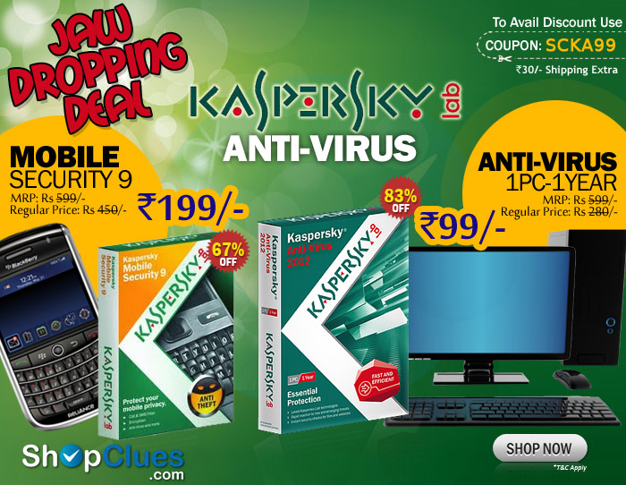 Jaw Dropping Deal on Kaspersky Mobile Security 9 just Rs.199/-(MRP 599/-) and Kaspersky Anti-Virus 2012 - 1PC-1Year just Rs.99/-(MRP 599/-) on ShopClues.com with Rs. 30/- shipping extra 