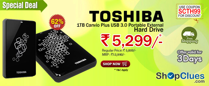 Toshiba 1TB Canvio Plus USB 3.0 Portable External Hard Drive Just Rs 5299/- with Free Shipping