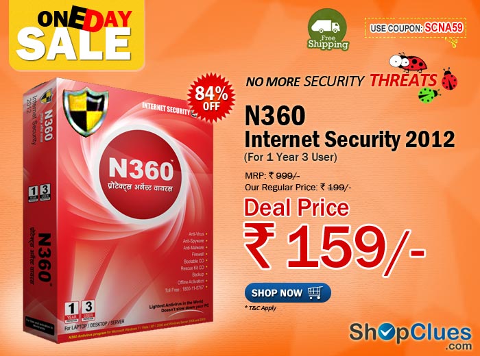 N360 Internet Security 2012 For 1 Year 3 User MRP: Rs 999/- and you get it Just Rs 159/- only with free shipping