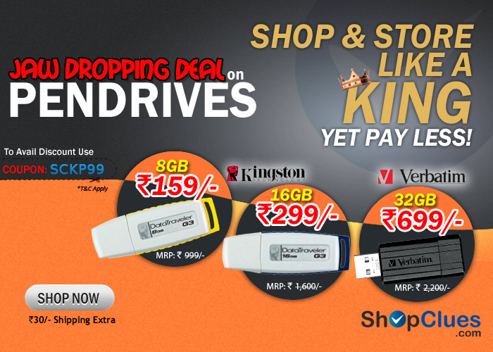 Jaw Dropping Deal on Kingston 3 8GB Pen Drive just Rs.159/- ,16Gb Kingston Pendrive Just Rs.299/-, 32GB Verbatim PenDrive Just Rs.699/- with 30 Rs shipping Extra 
