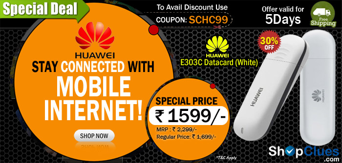 Huawei E303C Datacard (White) Just Rs 1,599/- with Free Shipping