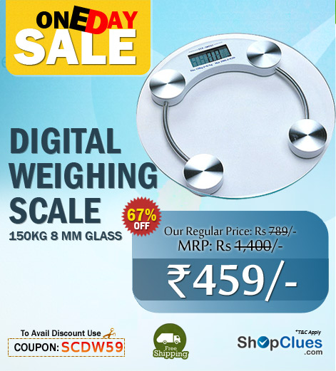 Digital Weighing Scale 150kg 8mm Glass just Rs.459/-(MRP 1,400/-) on ShopClues.com with free shipping extra 