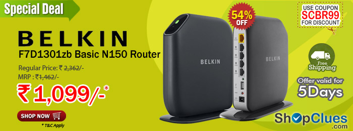 Belkin F7D1301zb Basic N150 Router just Rs. 1099/- with free shipping