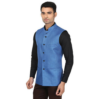 Best Men QDesigns Blue Plain Slim Nehru Jacket for Men 2025 at ShopCircuit | ONDC