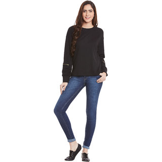 Latest Women Miss Chase Women's Black Round Neck 3/4th Sleeves Basic Solid/Plain Top 2025 at Sho