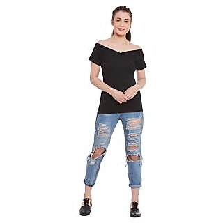 Sophisticated Women Miss Chase Women's Black V-Neck Half Sleeves Basic Solid/Plain Top 2025 at S