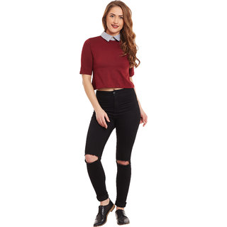 Stylish Women Miss Chase Women's Red Round Neck Half Sleeves Crop Tops Solid/Plain Top 2025 at S