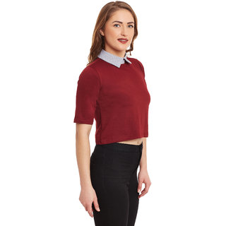 Stylish Women Miss Chase Women's Red Round Neck Half Sleeves Crop Tops Solid/Plain Top 2025 at S