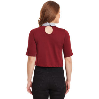 Stylish Women Miss Chase Women's Red Round Neck Half Sleeves Crop Tops Solid/Plain Top 2025 at S