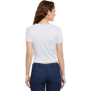 Chic Women Miss Chase Women's Gray Round Neck Half Sleeves Crop Solid/Plain Top 2025 at ShopCirc