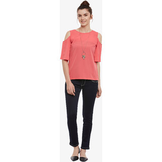 Chic Women Women'S Pink Solid Round Neck Half Sleeve Cold Shoulder Top 2025 at ShopCircuit | OND