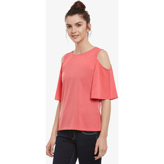 Chic Women Women'S Pink Solid Round Neck Half Sleeve Cold Shoulder Top 2025 at ShopCircuit | OND