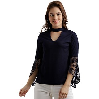 Stylish Women Miss Chase Women's Navy Blue Round Neck 3/4 Sleeve Solid Lace Semi Sheer Split Sle