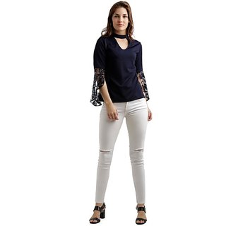 Stylish Women Miss Chase Women's Navy Blue Round Neck 3/4 Sleeve Solid Lace Semi Sheer Split Sle