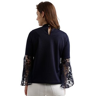 Stylish Women Miss Chase Women's Navy Blue Round Neck 3/4 Sleeve Solid Lace Semi Sheer Split Sle