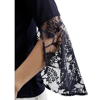 Stylish Women Miss Chase Women's Navy Blue Round Neck 3/4 Sleeve Solid Lace Semi Sheer Split Sle