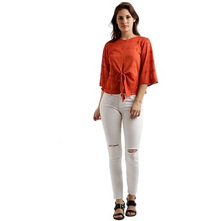 Luxurious Women Miss Chase Women's Orange Round Neck Half Sleeve Solid Front Slit Knotted Top 20