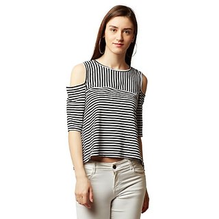 Affordable Women Miss Chase Women's Black And White Round Neck Half Sleeve Striped Cold Shoulder