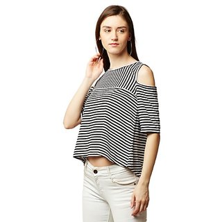 Affordable Women Miss Chase Women's Black And White Round Neck Half Sleeve Striped Cold Shoulder