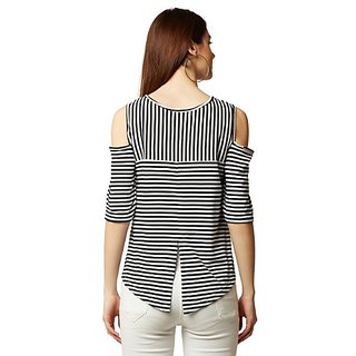Affordable Women Miss Chase Women's Black And White Round Neck Half Sleeve Striped Cold Shoulder