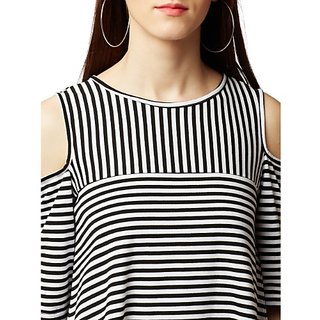 Affordable Women Miss Chase Women's Black And White Round Neck Half Sleeve Striped Cold Shoulder