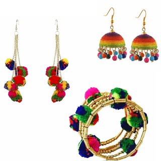 Combo of pom pom earring , jhumki ,and pom pom bracelet - Jewellery Sets | Buy online on ZillyBuy