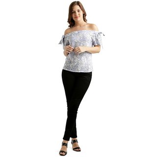 Affordable Women Women's Blue And White Off-shoulder Short Sleeve Striped And Floral Print Bardo