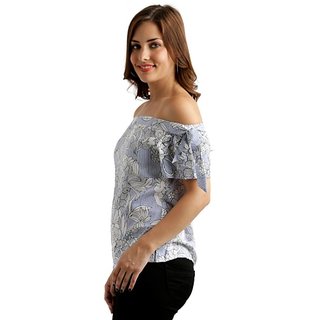 Affordable Women Women's Blue And White Off-shoulder Short Sleeve Striped And Floral Print Bardo