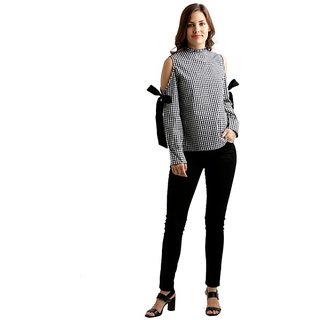 Luxurious Women Women's Black And White Ruffled Round Neck Tie-Up Full Sleeve Cotton Checkered F