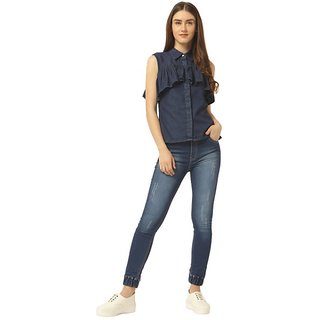 New Women Women's Navy Blue Relaxed Fit Mid Rise Regular Length Scraped Denim Stretchable Jogger