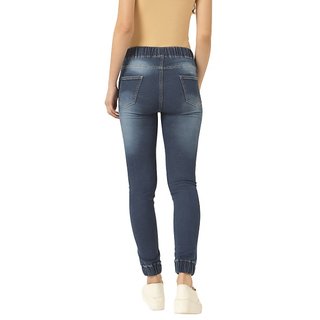 New Women Women's Navy Blue Relaxed Fit Mid Rise Regular Length Scraped Denim Stretchable Jogger