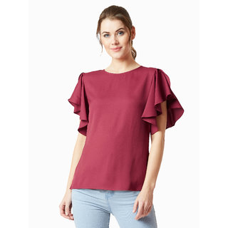 Elegant Women Miss Chase Women's Maroon Round Neck Short Sleeve Solid Ruffled Top 2025 at ShopCi