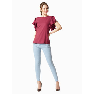 Elegant Women Miss Chase Women's Maroon Round Neck Short Sleeve Solid Ruffled Top 2025 at ShopCi