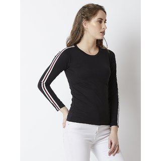 Code Yellow Women Black Full Sleeve Side Tape T-Shirt