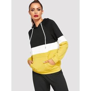 Vivient Women's Black White Mustured Raglan Sleeve Pocket Hoodie