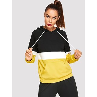 Vivient Women's Black White Mustured Raglan Sleeve Pocket Hoodie