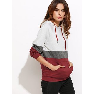 Women's Raglan Sleeve Pocket Fleece Hoodie by Vivient - Grey/Red