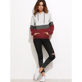 Women's Raglan Sleeve Pocket Fleece Hoodie by Vivient - Grey/Red