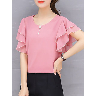 Vivient Women Pink Ruffle Sleeve Neck Button Top