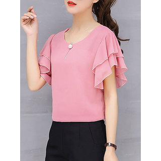 Vivient Women Pink Ruffle Sleeve Neck Button Top