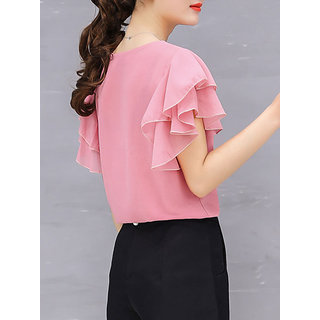 Vivient Women Pink Ruffle Sleeve Neck Button Top