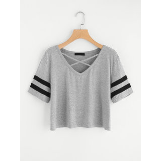 Vivient Women Grey Plain Cross Neck Top