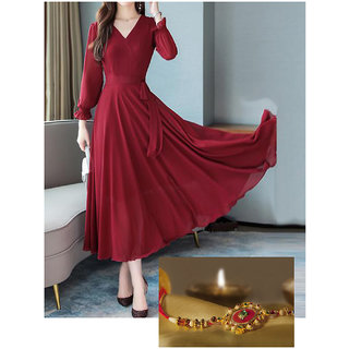 Vivient Maroon Plain V-Neck A Line Dress For Women