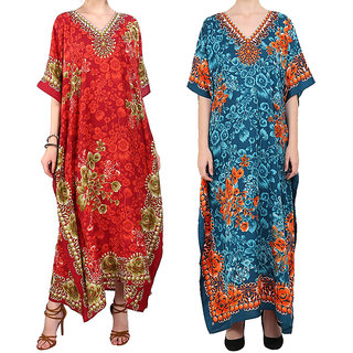 Ukal Combo Pack of 2 Women's Kaftan Dress Cover Up Nightwear Nighty Gown V-Neck Dress