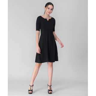 Vivient Women Black V-Cut Plain Midi Hosery Dress