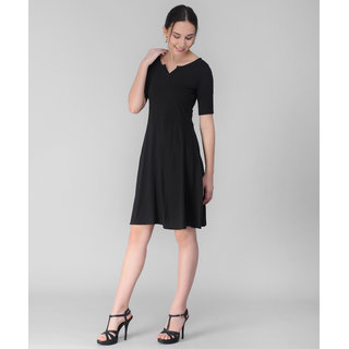 Vivient Women Black V-Cut Plain Midi Hosery Dress